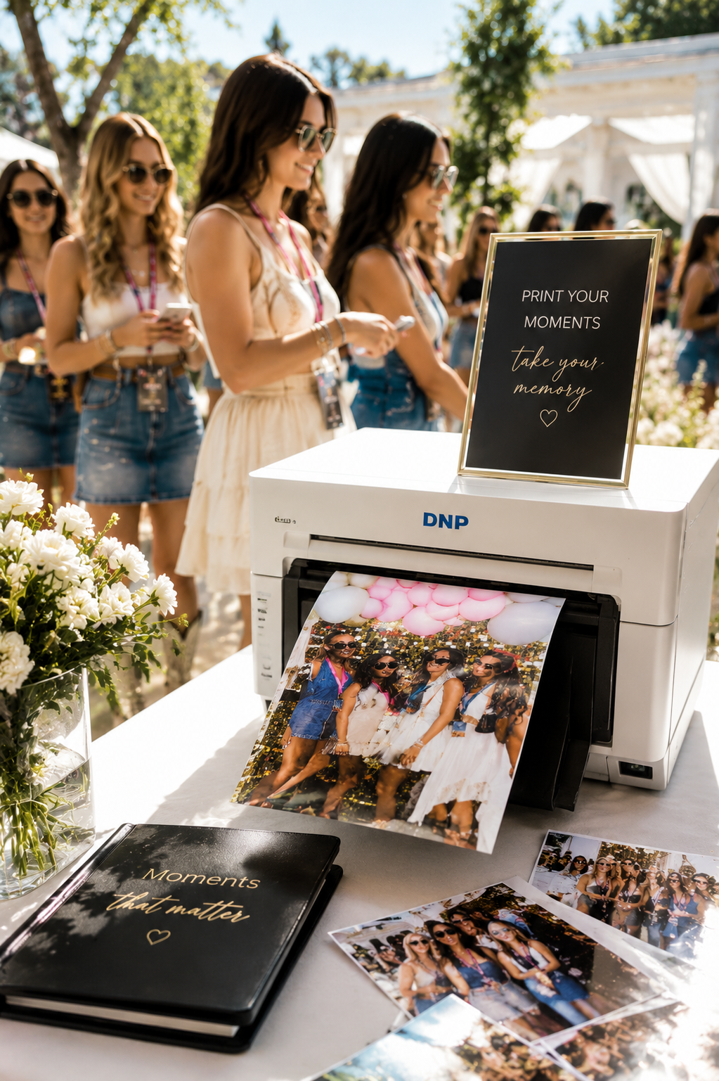 ELIO mirror booth event setup with prints